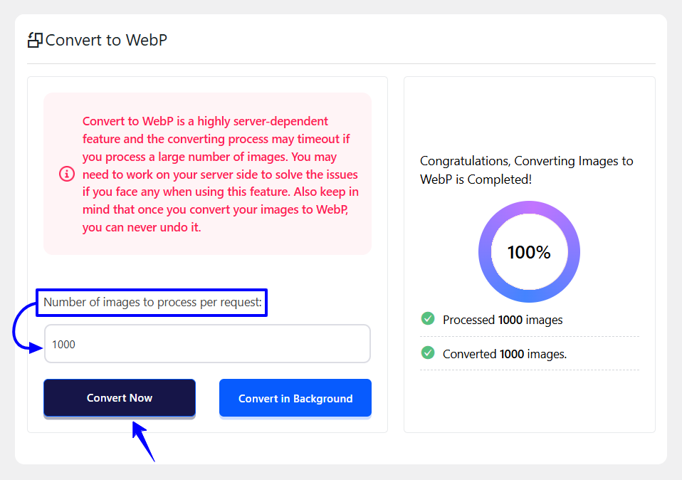 Settings to convert WordPress image to WebP