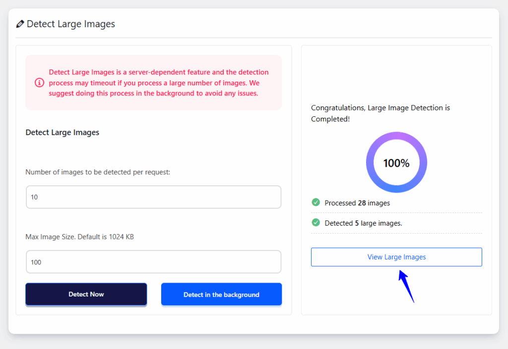 Detect large image in WordPress settings.