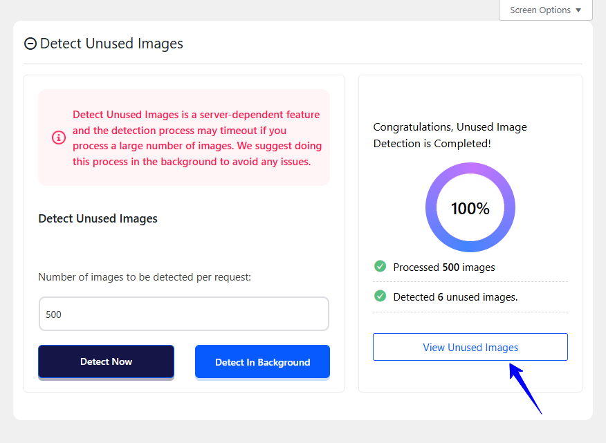 Detect unused images view unused image settings.